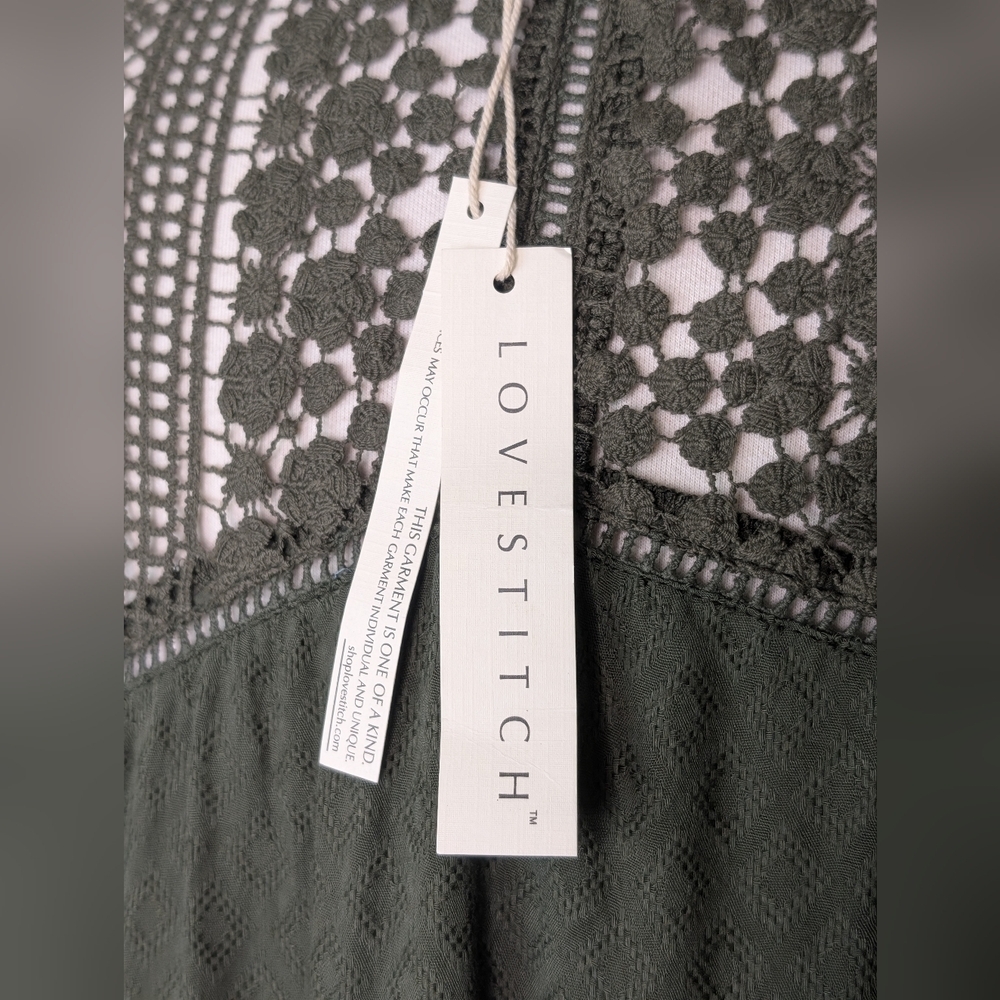 NWT LOVESTITCH Olive Green Sahara Mixed Lace Top Sz Small Rayon Flowy Boho Chic - Picture 9 of 17